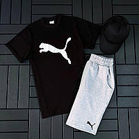 Мужской Комплект из 3 вещей Пума черный с футболкой белыми шортами и кепкой с логотипом Пума из 100% хлопка