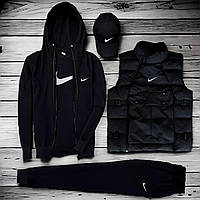 Комфортный спортивный черный комплект Nike 5 в 1 с жилеткой Штанами Футболкой кепкой и худи на змейке