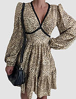 Красивое женское мини платье декорированное кружевом принт леопард Smbr8997