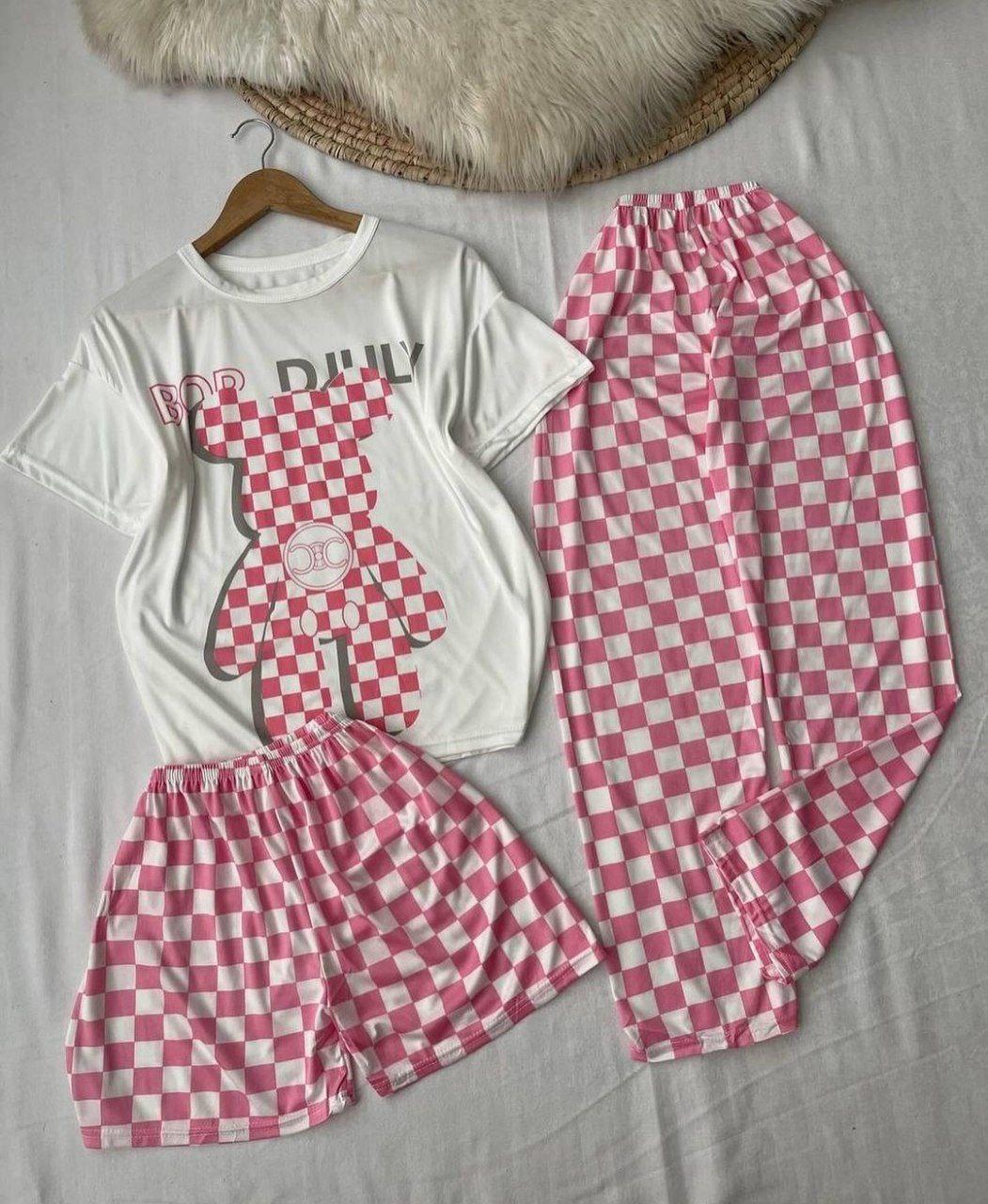 Стильна жіноча бамбукова піжама з принтом Pink Bear, Рожева піжама з принтом Pink Bear, Піжама для дому