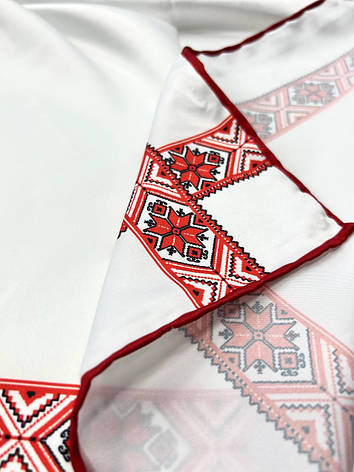 Шовкова хустка патріотична Вишиванка 90*90 см біла ручна обробка краю, фото 3