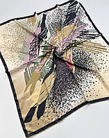 Платок атласный с абстрактным рисунком турецкий. Стильный весенний шелковый платок с ручной подшивкой Коричнево - Золотистый