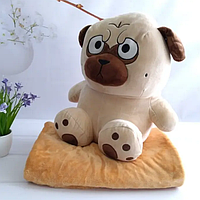 Игрушка-подушка с пледом внутри 3 в 1 собака Мопс, Игрушка-обнимашка мягкая плюшевая 48 см