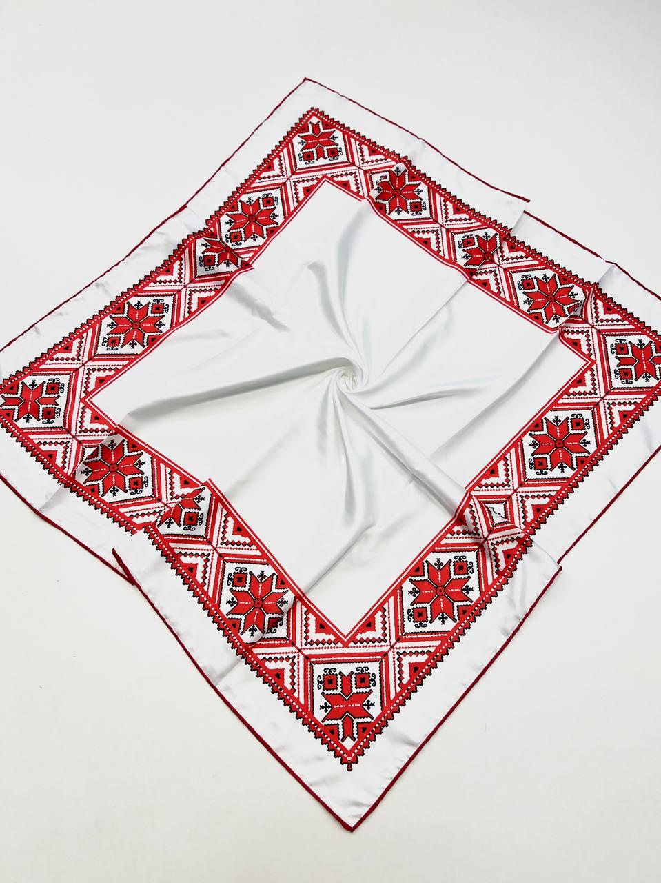 Патріотична шовкова хустка Вишиванка 90*90 см біла ручна обробка краю
