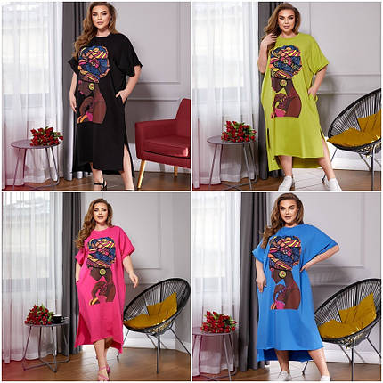 Плаття з двонитки з красивим малюнком весна-осінь розмір батал, фото 1