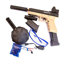 Іграшковий пістолет на орбізах Глок з акумулятором (приціл із підсвіткою, глушник, окуляри, пакетик орбізів)
