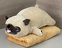 Игрушка-подушка с пледом собака мопс, игрушка-обнимашка 62 см