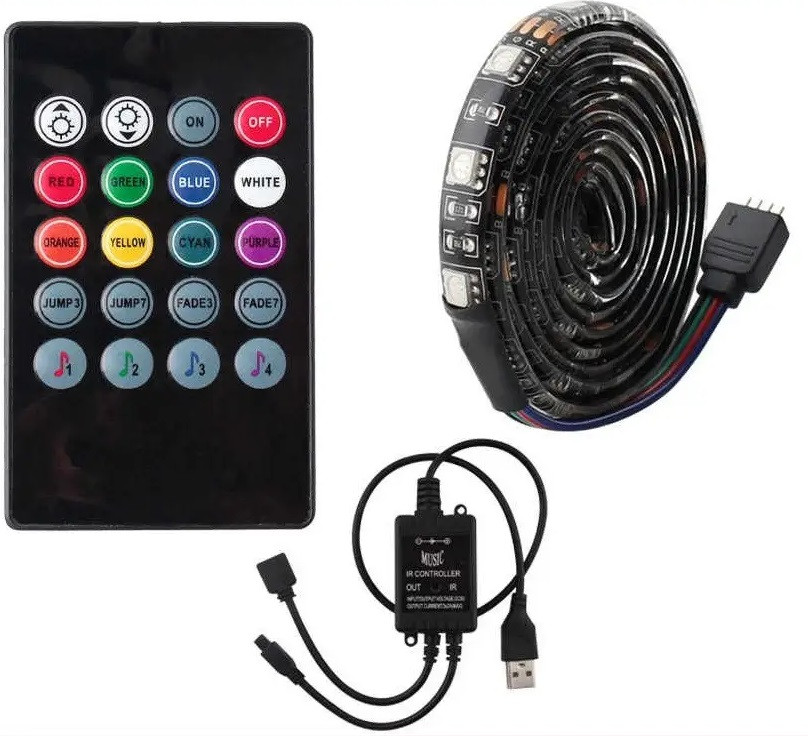 Світлодіодна стрічка 5V USB LED 5050 RGB комплект 5 метрів, різнобарвна (з мікрофоном), фото 1