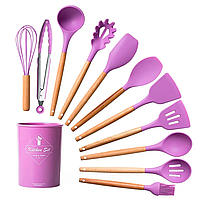 Набор кухонных принадлежностей 12 предметов, Kitchen Set, из силикона + подставка, Фиолетовый