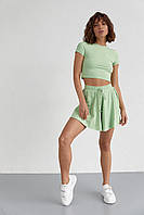 Трикотажный женский комплект с футболкой и шортами - салатовый цвет, L/XL (есть размеры) FORM
