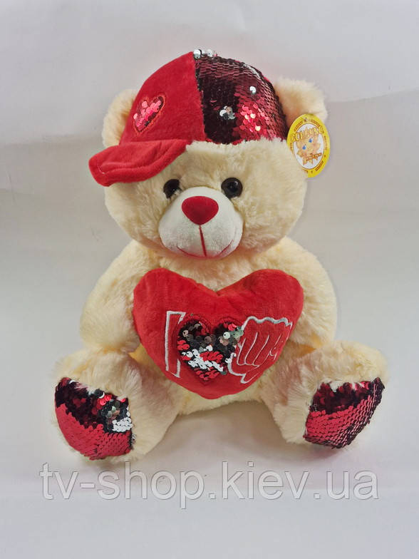 М'яка іграшка муз. Ведмедик у кепці із серцем, 30 см, фото 1
