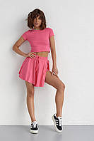Трикотажный женский комплект с футболкой и шортами - розовый цвет, L/XL (есть размеры) ESTET