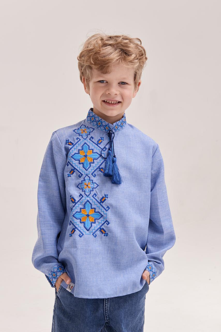 Вишиванка для хлопчика "Захар", дитяча вишита сорочка  блакитна з орнаментом