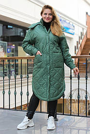 Довге зелене пальто на кнопках із утеплювачем єврозима, великих розмірів від 48 до 60