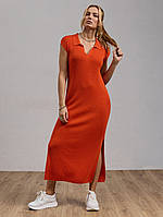 Платье летнее трикотажное длинное с воротником-поло оранжевое