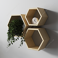 Комплект настенных полок из 3 штук соты, декоративные подвесные полочки на стену из дерева