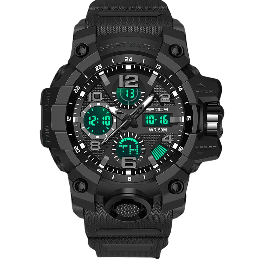 Годинник чоловічий чорний з підсвічуванням водонепроникний протиударний тактичний з будильником датою круглі Sanda, фото 1