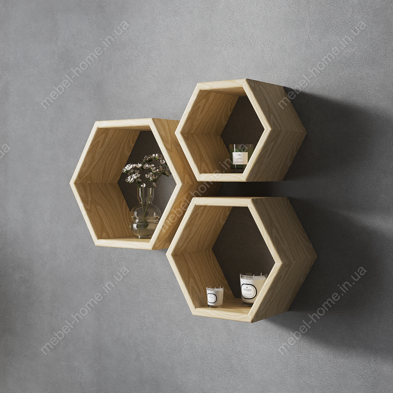 Набір навісних полиць соти 3 шт. у комплекті, декоративні полички на стіну з натурального дерева., фото 1