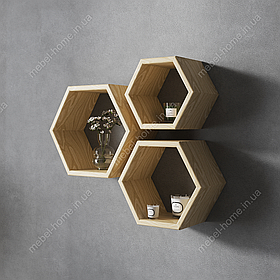 Набір навісних полиць соти 3 шт. у комплекті, декоративні полички на стіну з натурального дерева.