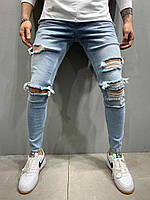 Мужские голубые джинсы зауженные с рваными коленями, Турция