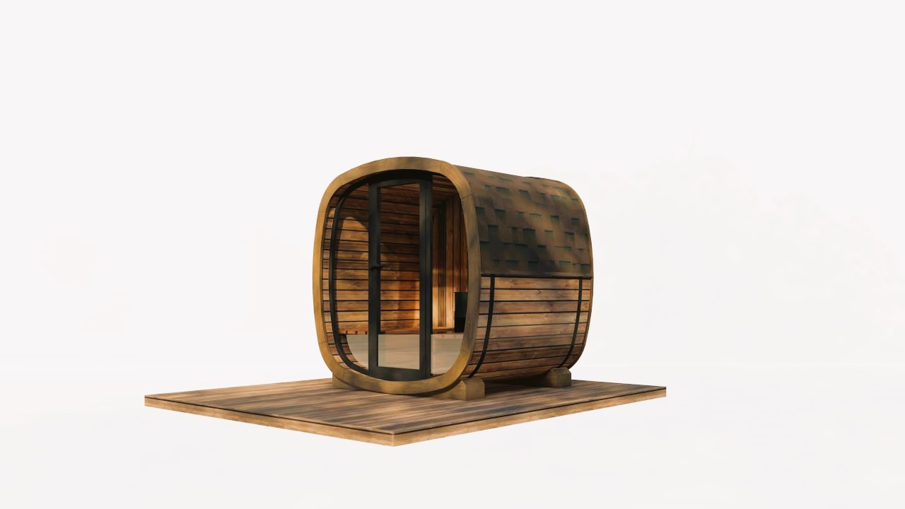 Квадро баня бочка 2.4x1,6м Gartensauna-29 зі скляним фасадом під ключ від Thermowood Production