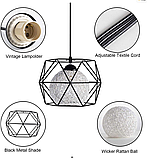 Люстра Стельовий світильник Плетена куля з ротанга та люстра з чорного заліза, фото 6