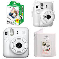 Набор камера Fujifilm Instax Mini 12, Фотобумага 20шт, Прозрачный чехол, Фотоальбом 64 фото Белый