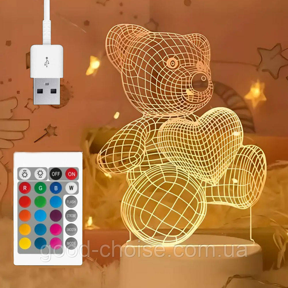 Нічник 3D Ведмедик "Люблю тебе" від USB, з пультом / Лампа-нічник / Акриловий нічник-світильник