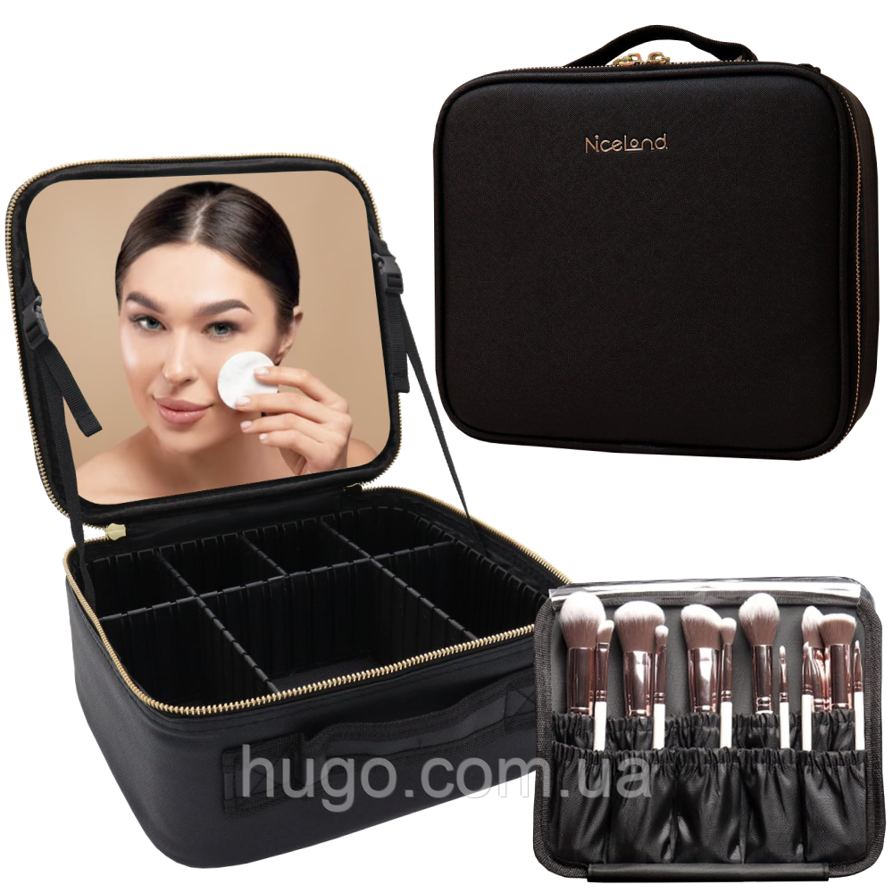 Дорожня косметичка із дзеркалом (26х23х11см), Чорна / Органайзер для ...