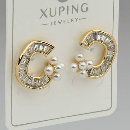 Серьги женские золотистого цвета Xuping Jewelry гвоздики пуссеты с кристаллами и жемчужинками диаметр 15 мм, фото 1