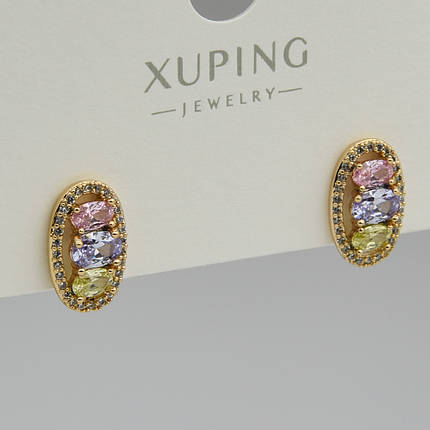 Серьги женские золотистого цвета Xuping Jewelry гвоздики пуссеты с разноцветными кристаллами размер 15х10 мм, фото 1