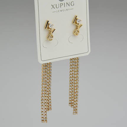 Серьги женские золотистого цвета Xuping Jewelry гвоздики пуссеты с висюльками с кристаллами размер 70х7 мм, фото 1