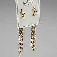 Сережки жіночі золотистого кольору Xuping Jewelry гвоздики пузети з висувками з кристалами розмір 70х7 мм