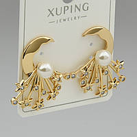 Серьги женские золотистого цвета Xuping Jewelry гвоздики с белыми стразами и жемчужинками размер 25х23 мм