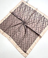 Натуральный шелковый платок шарф Fendi Фенди. Модный брендовый весенний платок с ручной подшивкой Коричнево - Золотистый