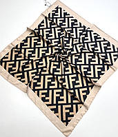 Натуральный шелковый платок шарф Fendi Фенди. Модный брендовый весенний платок с ручной подшивкой Бежево - Черный