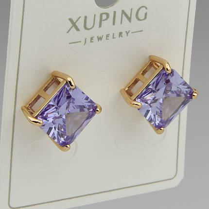 Серьги женские золотистого цвета Xuping Jewelry гвоздики пуссеты с фиолетовыми фианитами размер 10х10 мм, фото 1