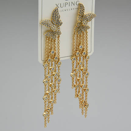 Серьги женские золотистого цвета Xuping Jewelry гвоздики пуссеты бабочки с белым цирконом размер 75х15 мм, фото 1