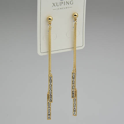Серьги женские золотистого цвета Xuping Jewelry гвоздики пуссеты висюльки с белыми кристаллами размер 80х4 мм, фото 1
