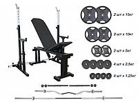 Лавка 090 + Стійки зі страхувальними упорами UM 0150 Штанга + металева 83 кг, гриф W, гантелі RN-Sport