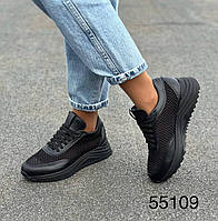 Женские стильные кроссовки на шнуровках из натуральной кожи черный белый