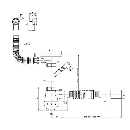 Сифон для кухонної мийки Agua KS02R-1 3 1/2"х40/50 мм із відведенням для пральної машини, з круглим переливом, фото 3