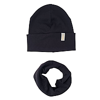 Черный Комплект шапка с хомутом из двойного трикотажа в рубчик детская для девочек на 6 7 8 9 лет