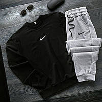 Чоловічий весняний спортивний костюм Nike чорний із сірим на двонитці, Осінній чорний костюм Найк Світшот і Штани