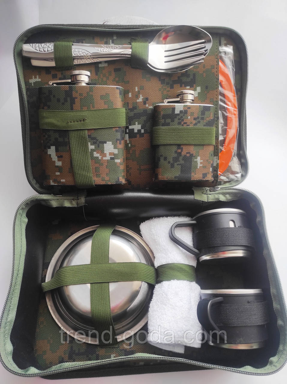 Набор фляга і рюмки /Армійський Туристичний набір 12 в 1 в сумці камуфляж фляга,кружка,миска,ложка,виделка