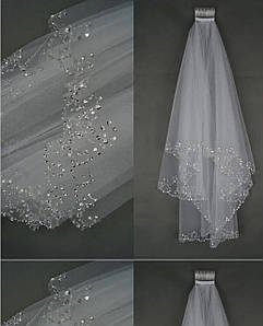 Фата весільна з кристалами , фата біла каскадна, 1 метр