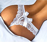 Жіночі мереживні трусики з бантиком на попі, білі сексуальні стрінги на високій посадці L, фото 2