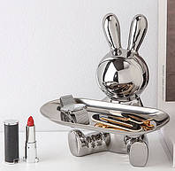 Интерьерная статуэтка-органайзер для мелочей Кролик. Ключница-подставка керамическая (серебро)