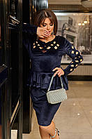 Бархатное нежное нарядное платье с фигурной лазерной резкой на рукавах и баской по талии Синий, L-XL