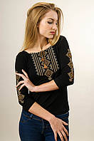 Жіноча вишита футболка з рукавом 3/4 чорного кольору з коричневим геометричним орнаментом «Гуцулка» S